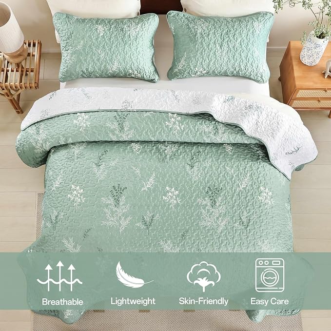 DJY King Size Sage Green Botanical Quilt Set, Floral Bedspread Coverlet | - Image 8