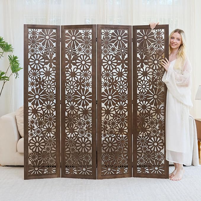 Folding Wood Room Divider Panel, 5.6 FT Tall Daisy-Carved Privacy Screen - Image 6