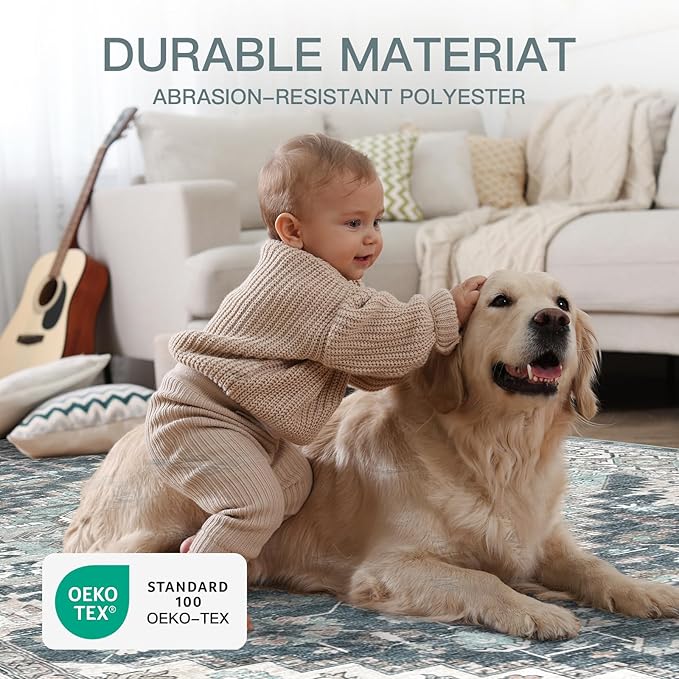 6x9 Vintage Washable Area Rug for Living Room,Low Pile Non Slip Carpet Non-Shedding Area Rug Soft Indoor Stain Resistant Rug Boho Print Mat for Bedroom Dining Room Blue Beige Multi