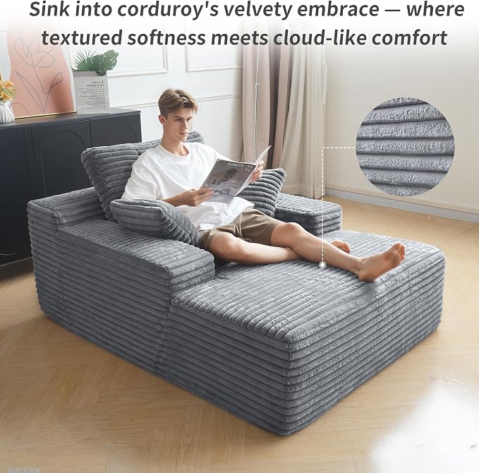 Oversized Chaise Lounge Chair Indoor, Plush Corduroy Boneless Sofa Bed - Image 5