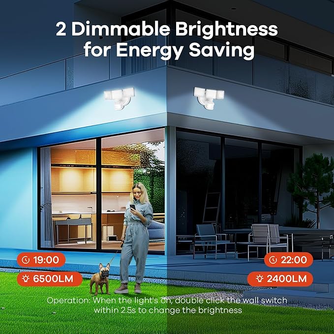 OREiN 42W 6500LM Motion Sensor Outdoor Flood Light, Hardwired LED Security Light, 4 Lighting Modes, Dual PIR 240° Detection, Dusk to Dawn, IP65 Weatherproof for Garage, Driveway, Backyard, Farm