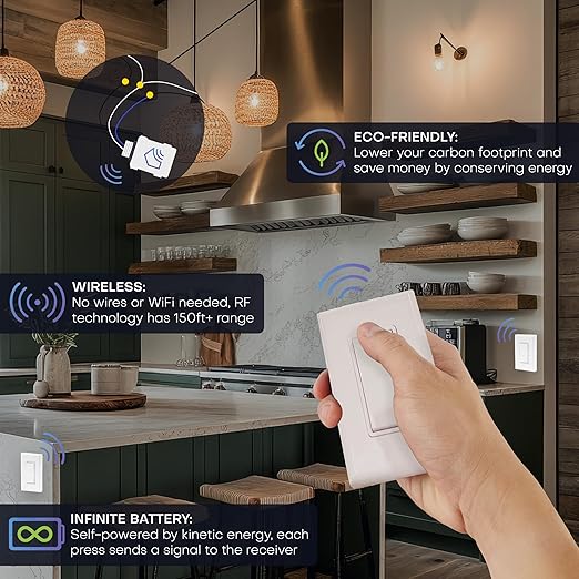 RunLessWire 4-Way Battery-Free DIY Wireless Light Switch Kit 150ft RF Range Self-Powered by Kinetic Energy for Hallways & Stairways: 3 Remote Switches Control 1 5A On/Off Receiver – Brown