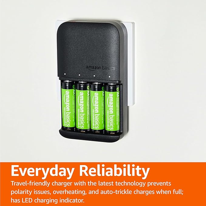 Amazon Basics NiMh Rechargeable Batteries (4 AA & 4 AAA) with 4 Bay Battery Charger, Type A (American) Plug, Black, 8 Count