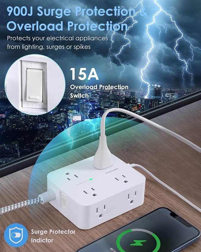 HANYCONY 6Ft Surge Protector Power Strip USB C, 8 Outlet Extender | Extension - Image 6