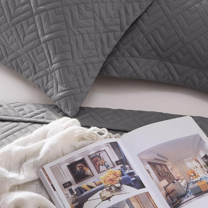 EXQ Home King Size Quilt Set Squares Pattern Bedding Set Lightweight Grey | - Image 7