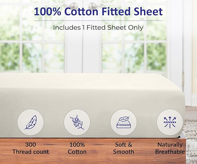 ROYALE LINENS 300 Thread Count 100% Long Staple Combed Cotton Fitted Sheet Twin XL - Super Soft Deep Pocket Bottom Sheet - Fitted Sheets Only - Elastic Sheets (Twin XL, Cream)