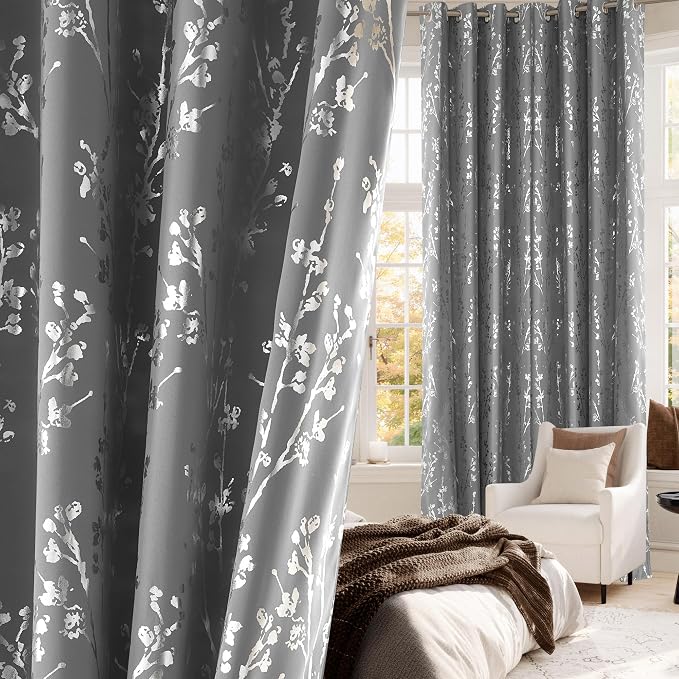 NICETOWN 100% Blackout Curtains 84 inches Long, Grommet Floral Branch Curtains by NICETOWN