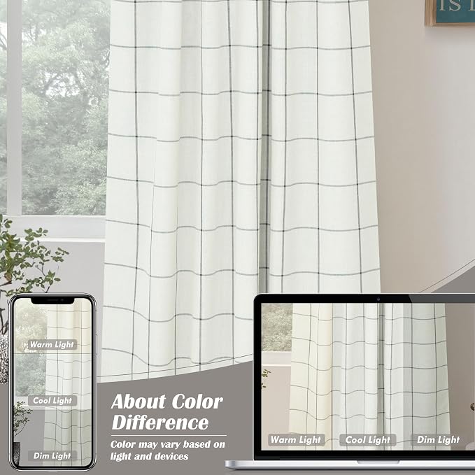 DriftAway 100% Blackout Windowpane Plaid Linen Curtains 45 Inches Black | - Image 9