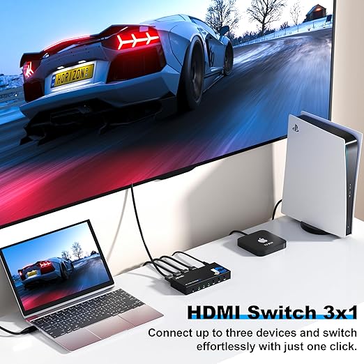 HDMI Switch 3 in 1 Out 4K@60Hz, 3Ports HDMI Switcher Splitter Selector with Remote, Support HDCP 2.2 HDR 10+ Dolby Vision/Atmos 18Gbps CEC for Apple TV Game PC PS4 5 Pro Xbox Roku
