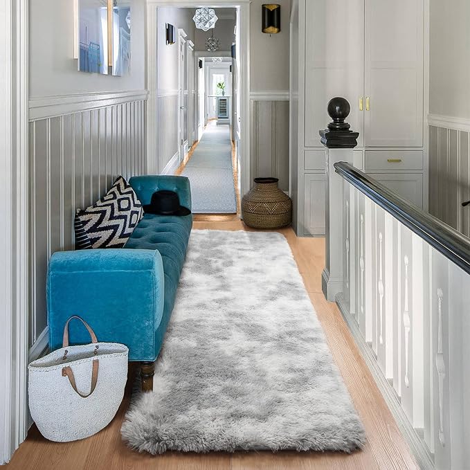2x6 Runner Rugs for Bedroom Living Room, Fluffy Tie-Dyed Light Grey Bedside - Image 7