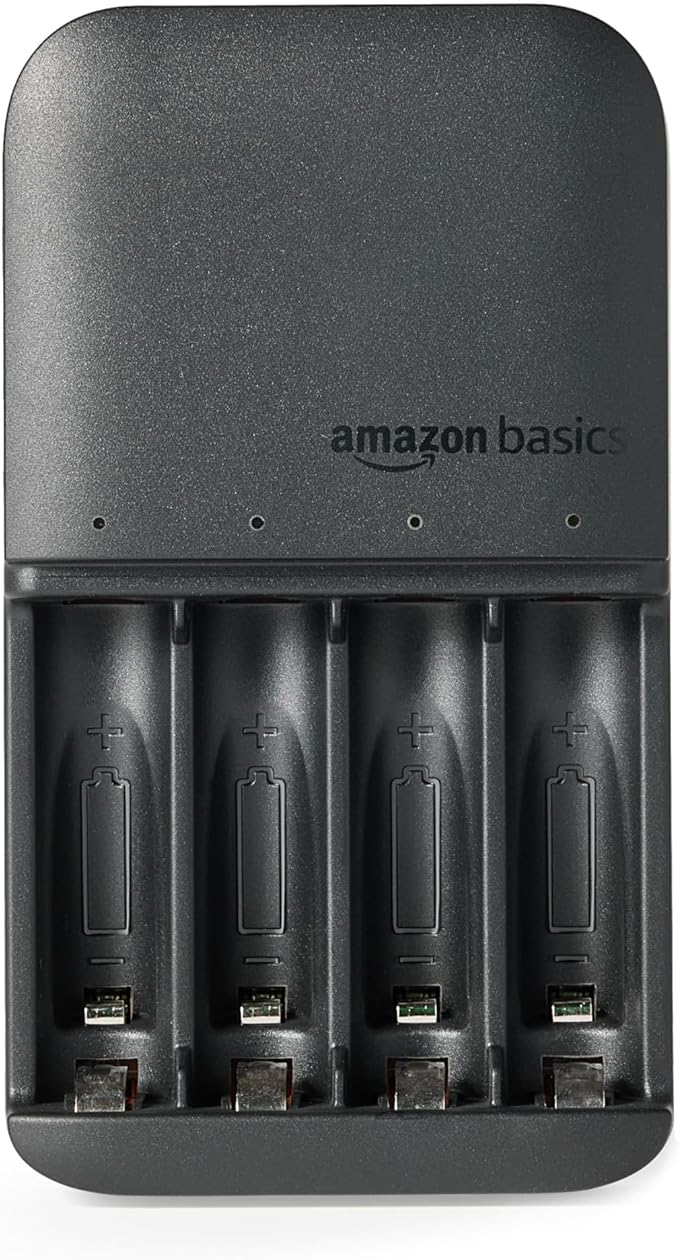 Amazon Basics 4-Bay Battery Charger for AA & AAA Rechargeable Batteries with Rechargeable AA NiMh Batteries, 4 count (Pack of 1), Type A (American) Plug, Black