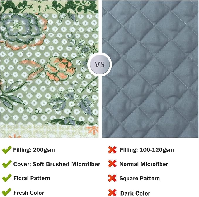 Cmfshape Summer Floral Queen Quilted Bedspread, Romantic Green Quilt Set - Image 7