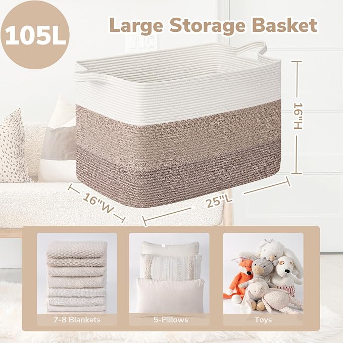 Goodpick 105L Extra Large Woven Rope Blanket Basket, Light Brown | 25'' x 16'' - Image 3