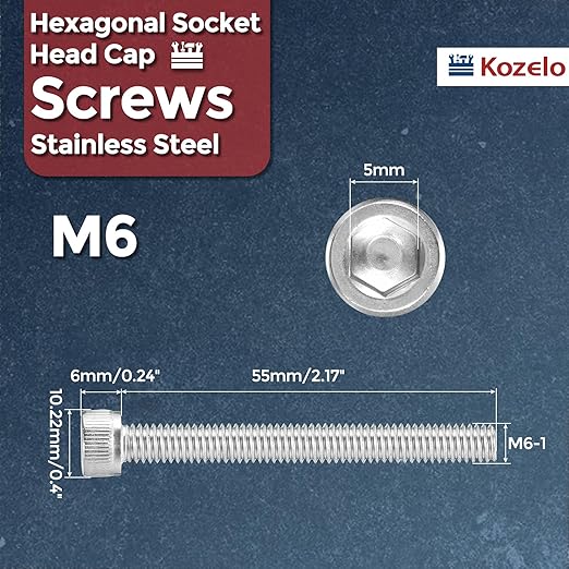 Kozelo 20pcs Socket Head Cap Screws - [M6-1 x 55mm] 304 Stainless Steel Allen Socket Drive for Electrical Motor 3D Printing Fan Engine Replacement Use, Silver