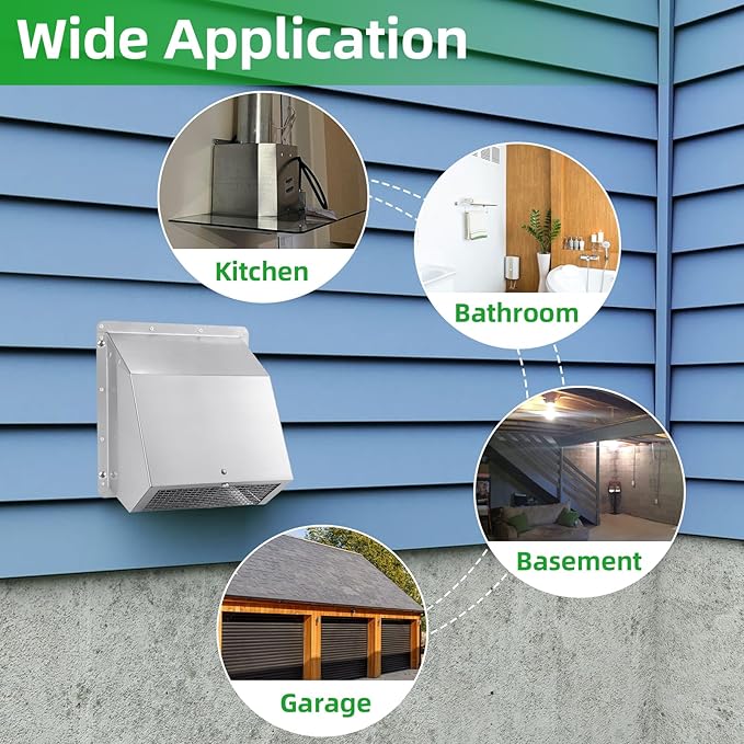 6 Inch Wall Vent Cover,Exterior Wall Vent Hood with Screen and Damper Exhaust Dryer Vent Cover Outside,External Extractor Wall Exhaust Vent Cap for Range Hood Kitchen Outdoor Air Vent,Stainless Steel