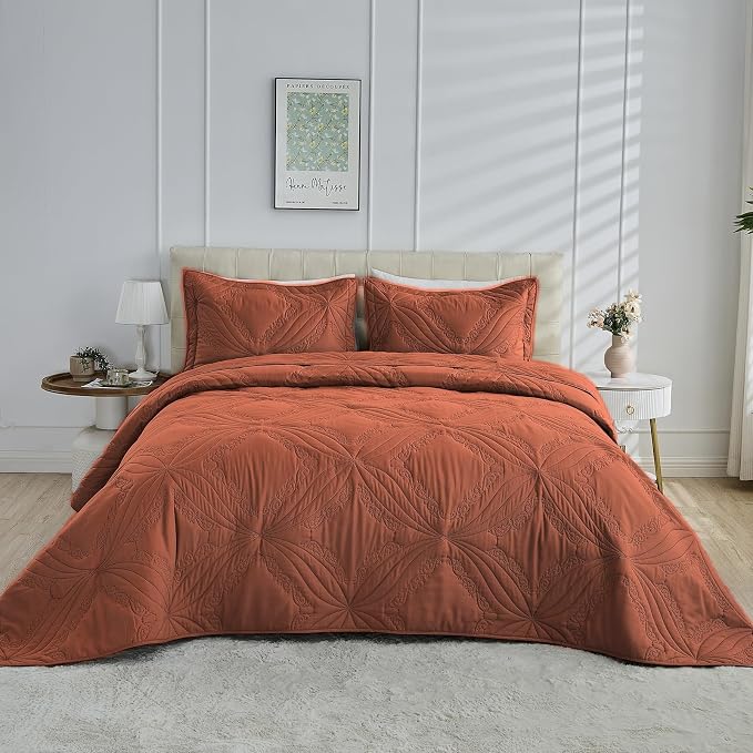 Kingnex Oversized King Bedspreads 128x120 Ultrasonic Quilted Baked Clay | Extra - Image 2
