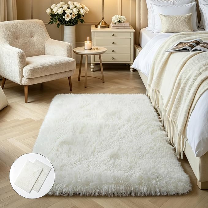 KCHOWUA Cream White Fluffy Area Rug 2x3, living room, kids room, and nursery by KICHOWUA