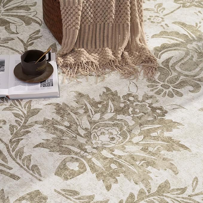 jinchan Torino Runner Rugs 2x6, Vintage-Inspired Floral Neutral Design Machine Washable Non-Slip Ultra-Thin Low-Pile Rubber Backing Runner Rug for Kitchen Hallway Laundry Room Entryway Taupe