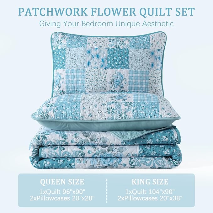 Mybedsoul Blue Patchwork King Size Quilt, Soft Boho Floral King Bedspreads - Image 7