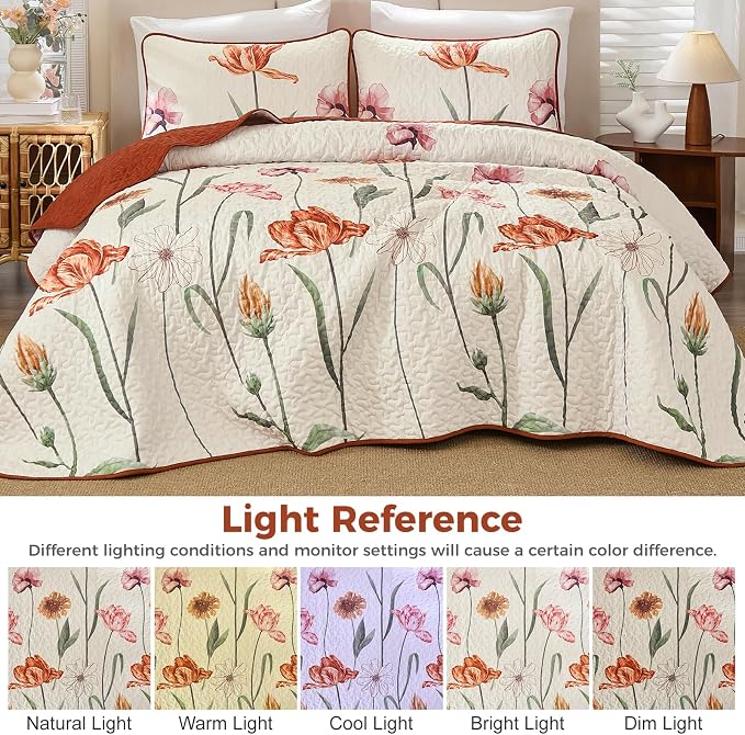 WONGS BEDDING Floral Quilt Set King, Shabby Chic Terracotta Cream Floral - Image 7