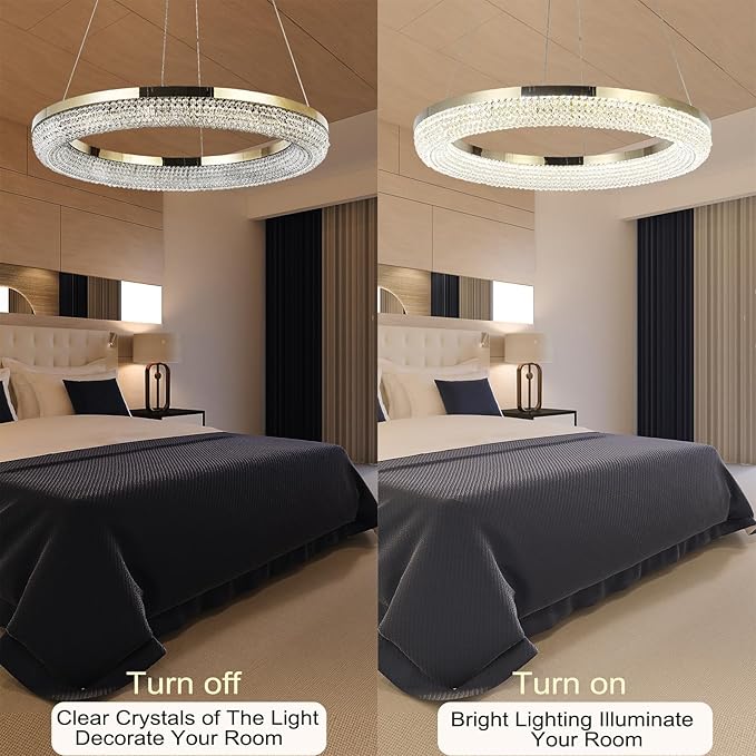 LYICYIU 23.6" Round Crysrtal Stainless Steel Pendant Lamp,3Color LED Dimmable Flush Mount Crystal Chandelier Light with Remote Control for Bedroom,Living Room, Island Entryway,Hallway Foyer (Hanging)