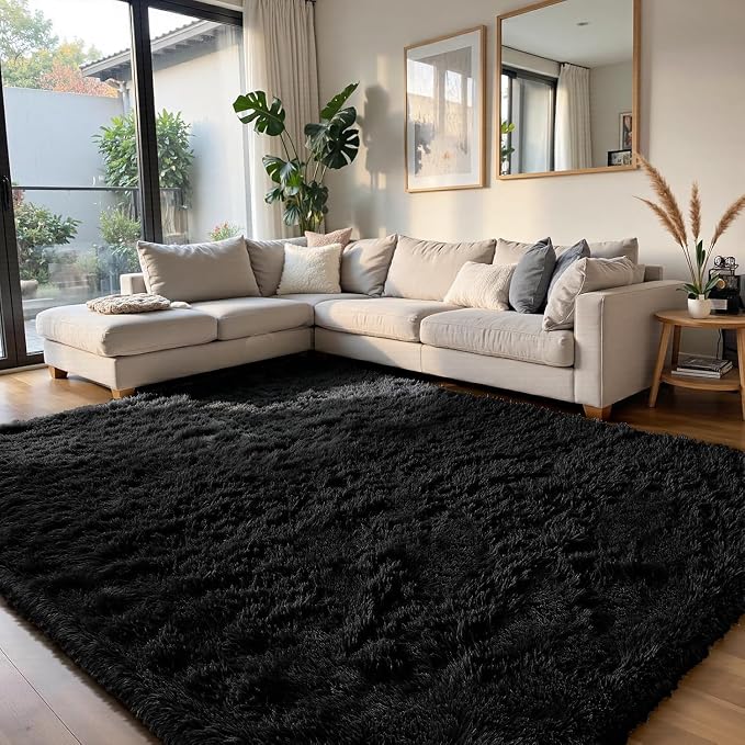 Black 8x10 Area Rugs for Living Room, Fluffy Shag Rug Large Bedroom Carpet | by Yongyangjuxi