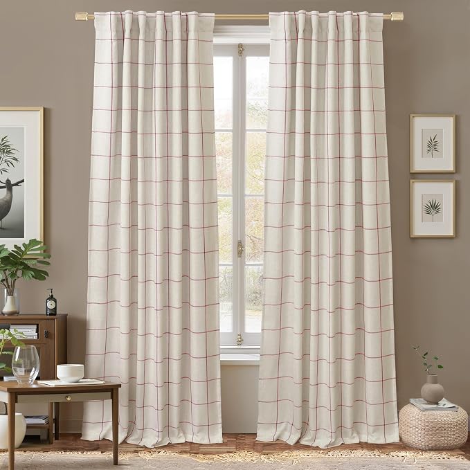 DriftAway 100% Blackout Plaid Linen Curtains 90 Inches Long 2 Panels Red | 100% by DriftAway