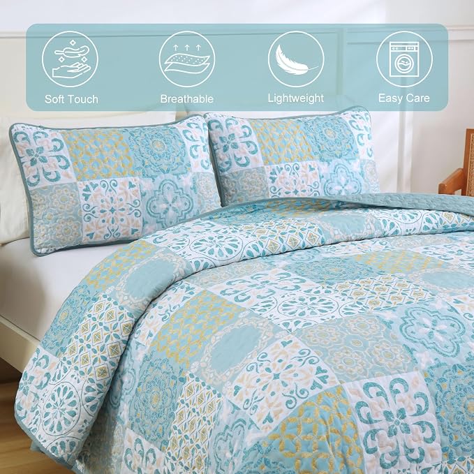 Dobuyly Patchwork Quilt Set King Size, Aqua Blue Boho Summer Bedspreads - Image 4