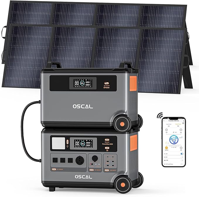 OSCAL 6000 Portable Power Station with 500W Solar Panels, 3600Wh LiFePO4 Battery with 3600Wh Expansion Battery Pack, 6000W(9000W Peak) Solar Generator for Camping, Home, Emergency