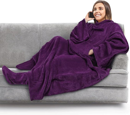 PAVILIA Fleece Blanket with Sleeves, Foot Pockets for Women Men Adults, Plush Wearable Blanket Throw Wrap, Warm Snuggle Blanket Robe, Cozy Gift Ideas Wife Mom, Dark Purple