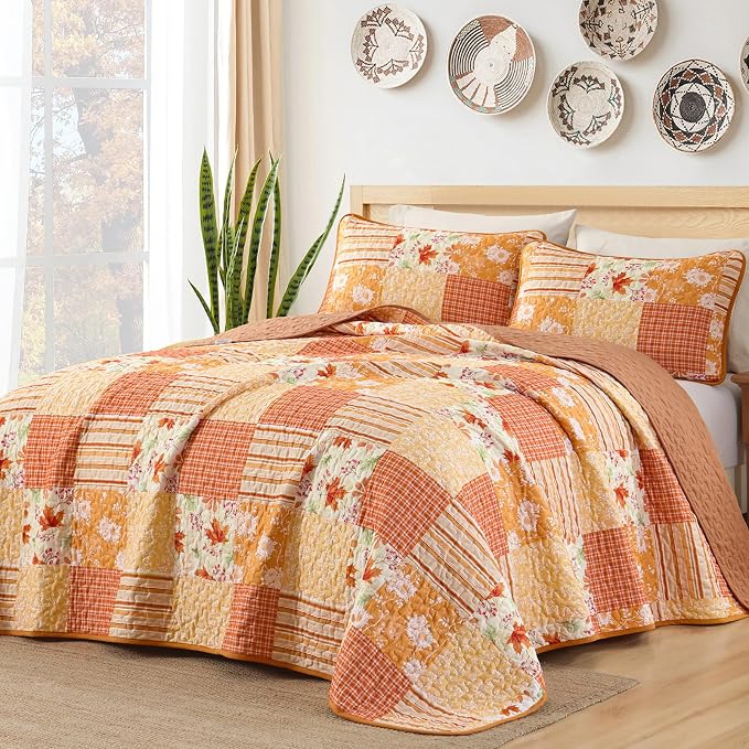 Mybedsoul Orange Quilt Set King Size Quilt Bedding Set, 3 Pieces Floral - Image 3
