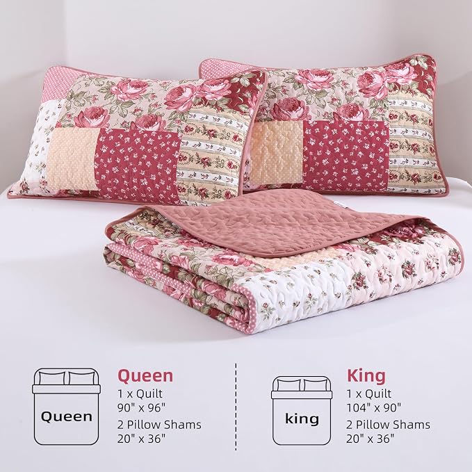 Anibedding Floral Patchwork Quilt Set Queen Size, Soft Lighweight Farmhouse - Image 7