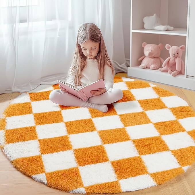 KICMOR Round Rug 4ft Orange and Cream White Circle Area Rug, Fluffy Soft Fuzzy by KICMOR