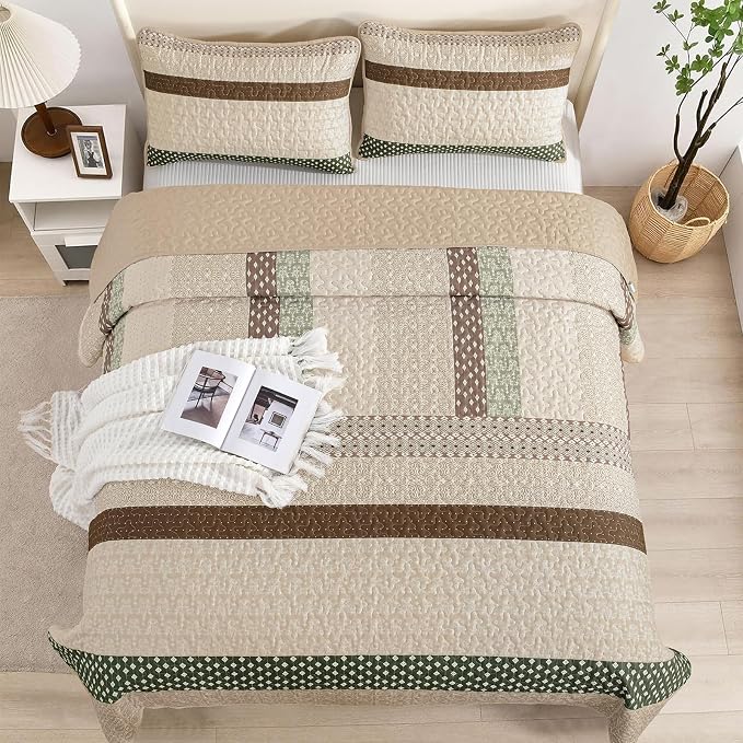 WONGS BEDDING Khaki Quilt Queen Size, Soft Stripe Bedspreads | Reversible - Image 4
