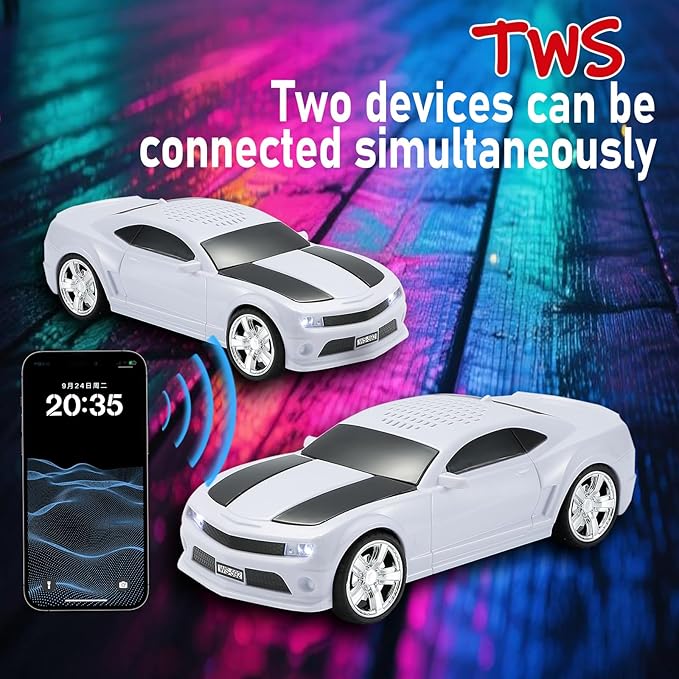 WSTER WS-592 Supercar Design Bluetooth Replica Speaker – Portable Car Model Wireless Speaker with TWS Stereo, FM Radio, LED Party Lights, USB/TF Playback, Hands-Free Calling, Microphone(White)