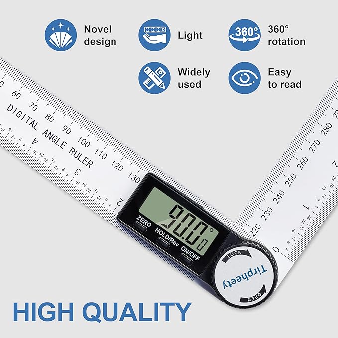 Tirpheety Digital Angle Finder Protractor, 3rd Generation Quick Display Angle Gauge Ruler, 7-Inch (200mm) Professional Measuring Tool for Woodworking, Carpentry, and Construction