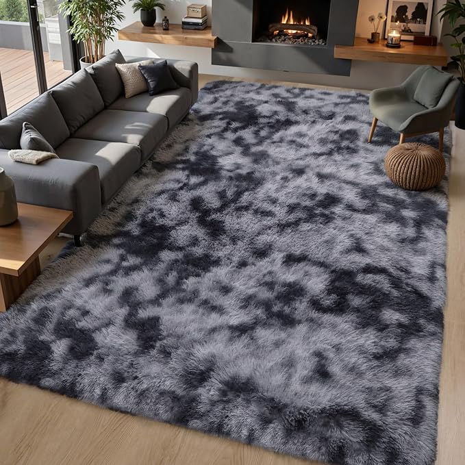 Grey Fluffy 8x10 Area Rug, Tie-Dye Dark Gray Soft Washable Shag Carpet | Cute - Image 6