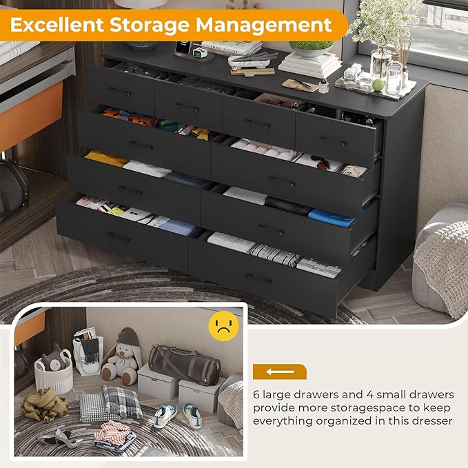 Hasuit 10 Drawer Dresser for Bedroom, Large Chest of Drawers with Charging Station, 55.1'' Wide Storage Clothes Closet Organizer, Long Dresser TV Stand for Living Room, Black