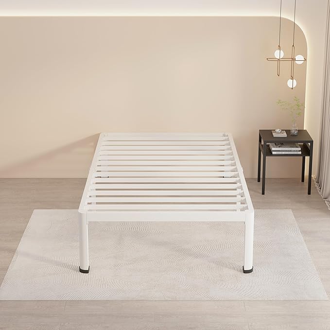 MAF 18 Inch Twin Bed Frames White with Round Corner Legs Mattress Slide Stopper No Box Spring Needed Heavy Duty Metal Platform Bed Frame Under-Bed Storage Space, 3000 LBS Steel Slats Support