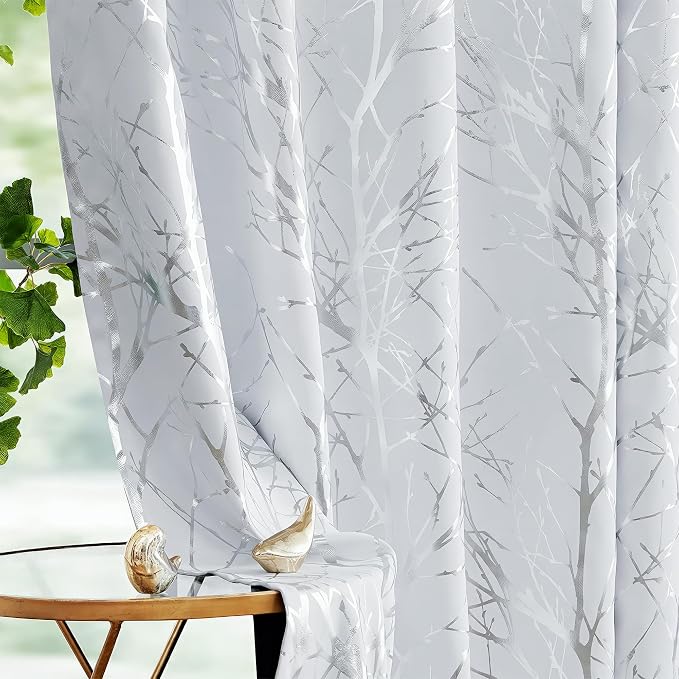 FMFUNCTEX 100% Blackout Ivory Silver Foil Tree Curtains 63 Inch 2 Panels | by Fmfunctex
