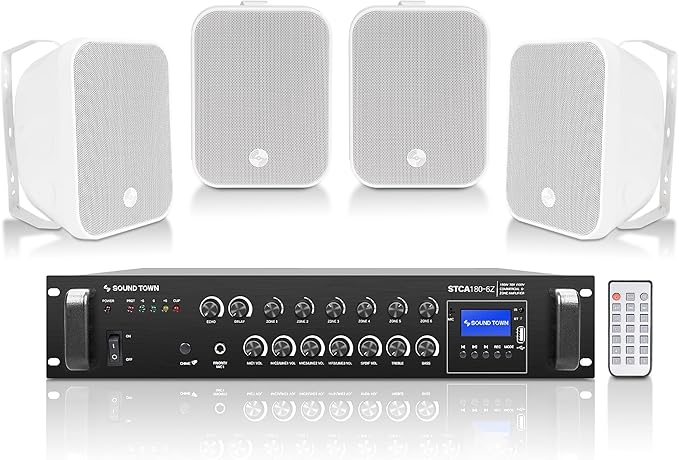 Sound Town Commercial Restaurant Bluetooth Amplifier + Surface-Mount Speaker Set, with One 6-Zone 70V/100V Amplifier with Bluetooth, 4 x 5.25-Inch Surface-Mount Speakers, White (STCA180X4MS5W)