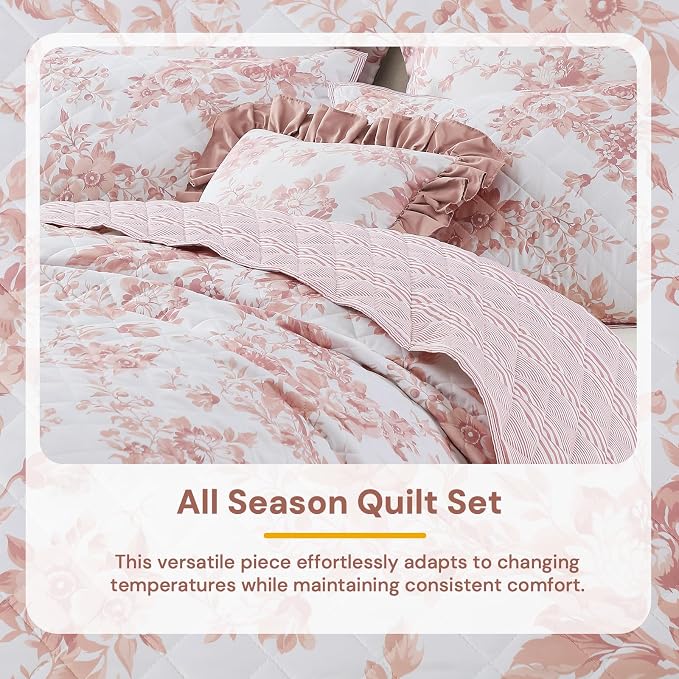 Queen Quilt Set-3 Pieces Soft Bedding Floral Reversible Coverlet | All Seasons - Image 6