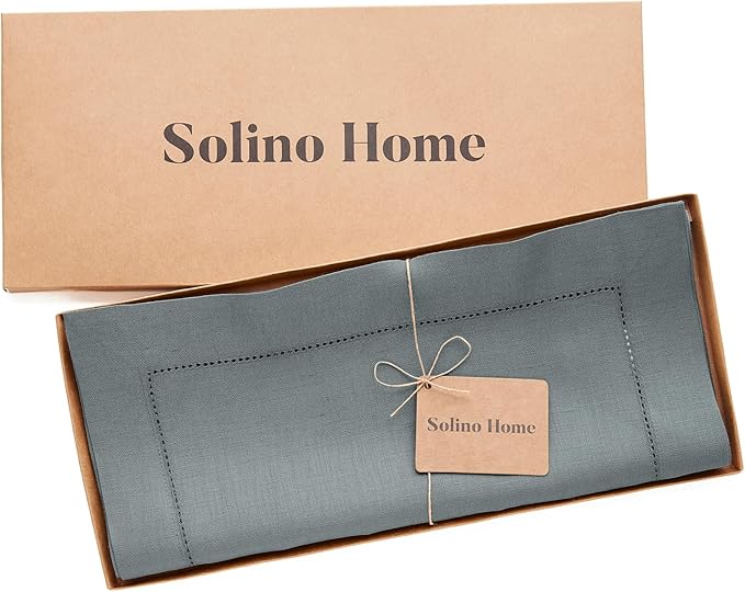 Solino Home Linen Hemstitch Table Runner 36 Inches - 100% Pure Linen Dark Grey Table Runner 14 x 36 Inch Ideal for Dresser and Coffee Tables - Classic Hemstitch - Winter