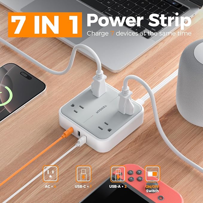 TESSAN Surge Protector Flat Extension Cord 1 Ft, Ring Plug Power Strip | 4 - Image 3