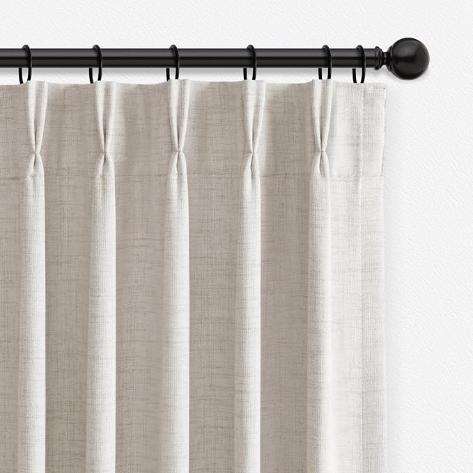 Pinch Pleated Full Blackout Faux Linen Curtains 96 Inches Long | Beige - Image 3