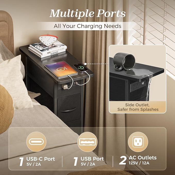 Huuger Narrow End Table with Charging Station, Side Table with 2 Drawers | Slim - Image 5