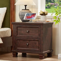 Farmhouse Nightstand with Charging Station, Rustic Low Night Stand with 2 Drawers, Mid-Century Modern End Table with 4 Square Solid Wood Legs, Small Dresser for Bedroom, Home, Walnut