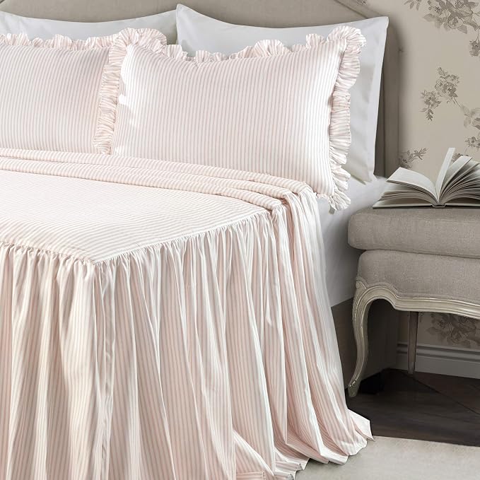 Lush Decor Ticking Stripe Bedspread Queen Size 3 Piece Set Blush - Image 2