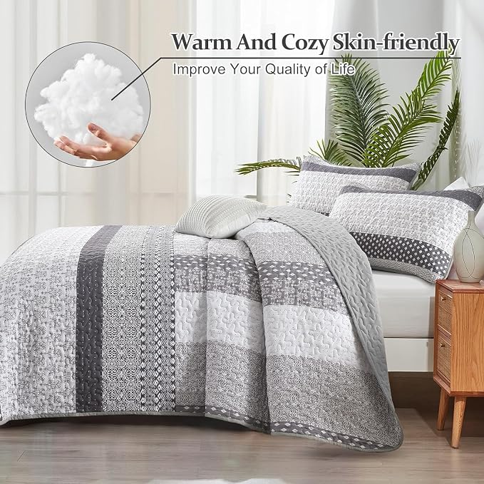WONGS BEDDING Grey Full Size Quilt Set, Bohemian Striped Bedspreads | - Image 4