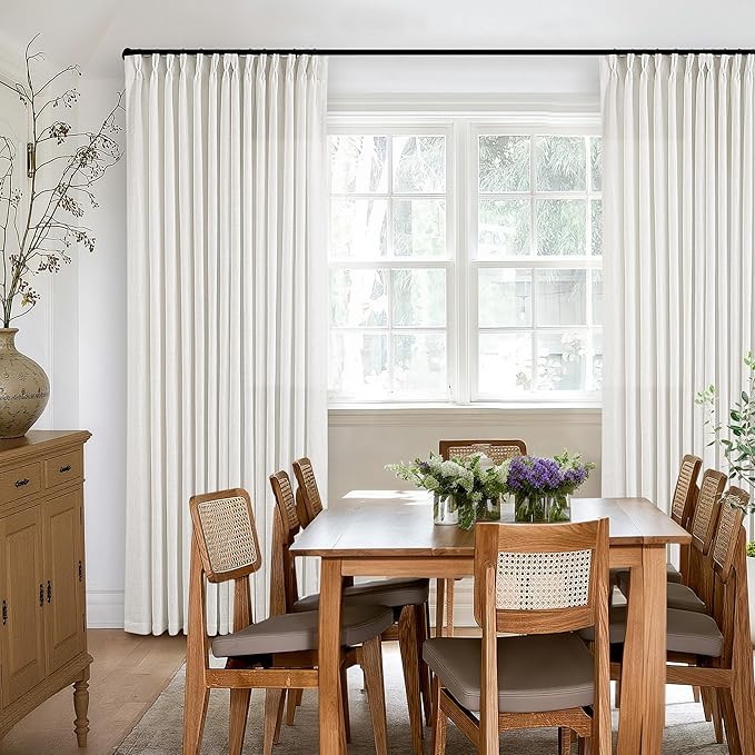 Thick Linen Semi Sheer Curtains 90 Inches Long for Living Room Bedroom Light Filtering Beige Off White Textured Burlap Pinch Pleated Curtains 90 Length Hooks Rings Back Tab for Sliding Door 2 Panels